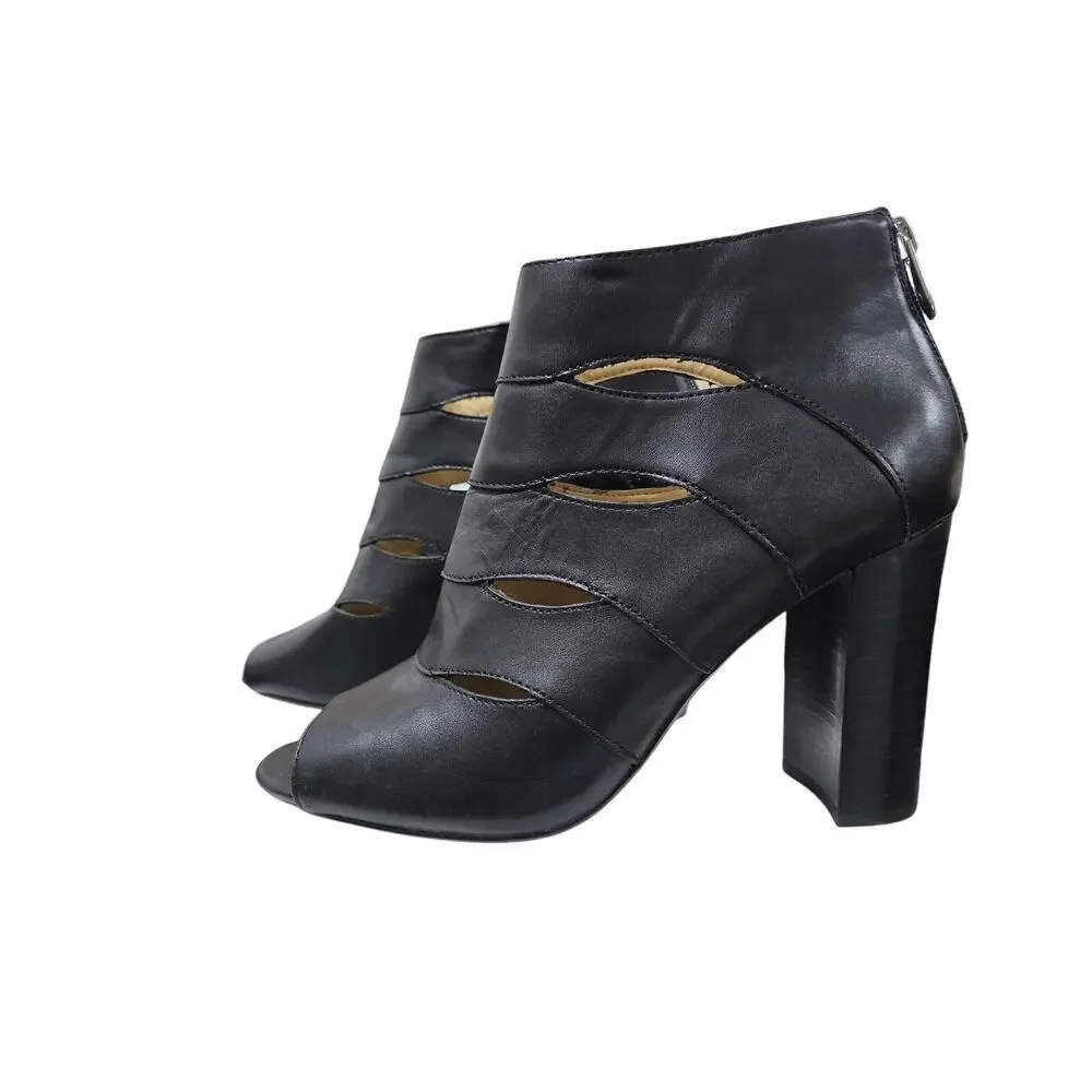 Adrienne Vittadini Black Cutout Peep-Toe Heels 9.5M Leather High Heel Dressy